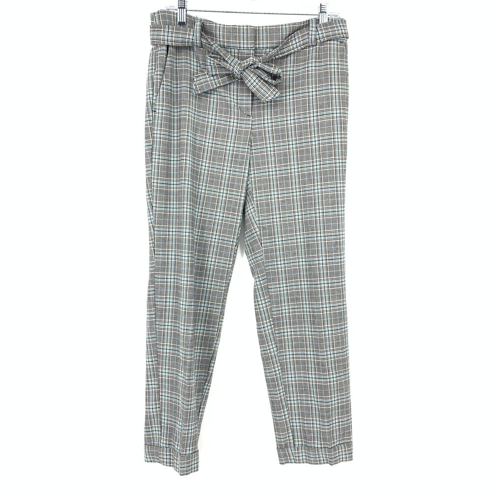 LOFT Ankle Length Tapered Leg Pants Womens Size 6 Black Blue Plaid Waist Tie